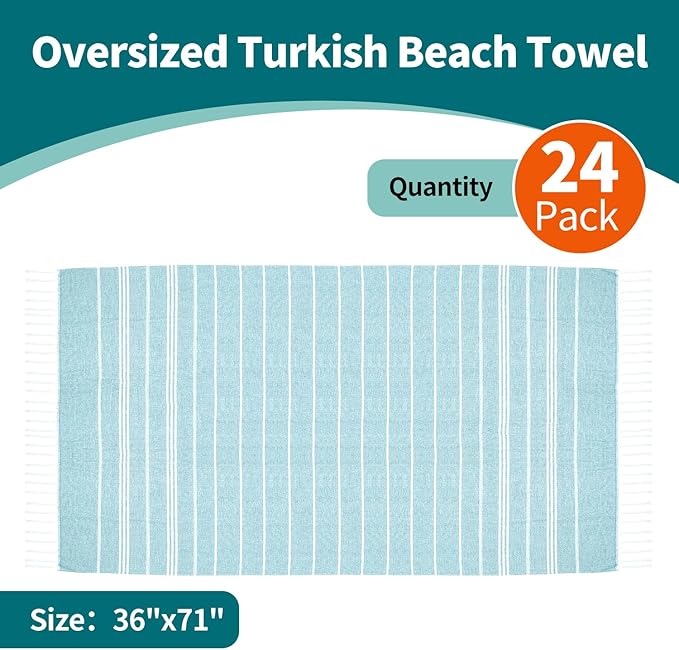 YSYJ 24 Pack Turkish Beach Towel 36"x71" Beach Towels Oversized Bath Towels Sand Free Quick Dry Turkish Towel Bulk Extra Large Pool Blanket Blue