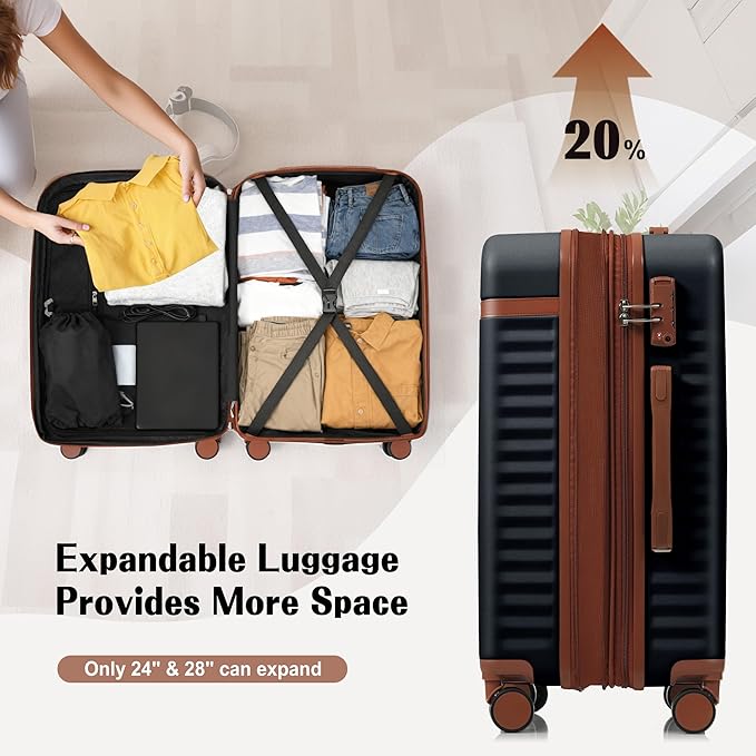 3 Piece Luggage Set ABS Hardshell Lightweight Suitcase Sets with Spinner Wheels and TSA Lock, 20 inch with Front Opening Design and USB Port, 20" Airline Certified Carry-on Luggage, 20"24"28", Black