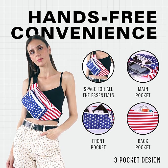 American Flag - 4th of July Fanny Pack Belt bag - Crossbody Waist Bag for Men or Women - Hands-Free, Waterproof Large Bumbag for Hiking, Running, and Travel