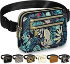 Capolo Fanny Packs for Women Fashion Waist Packs Bag with Adjustable Strap and 4 Zipper Pockets Waterproof Everywhere Crossbody Belt Bag for Workout Running Travelling(Blue Leaves, Large)