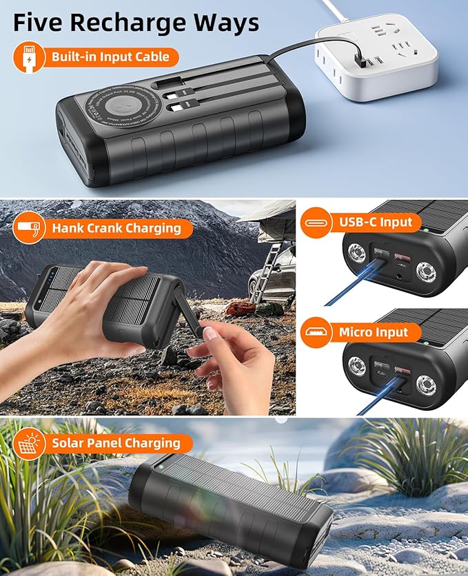 YELOMIN Solar Charger Power Bank 59800mAh, Outdoor Waterproof Battery Pack, 3 Built in Cables & Hand Crank, 6 Outputs, 15W Wireless Charging, Emergency LED Flashlight for Camping Hiking Travel