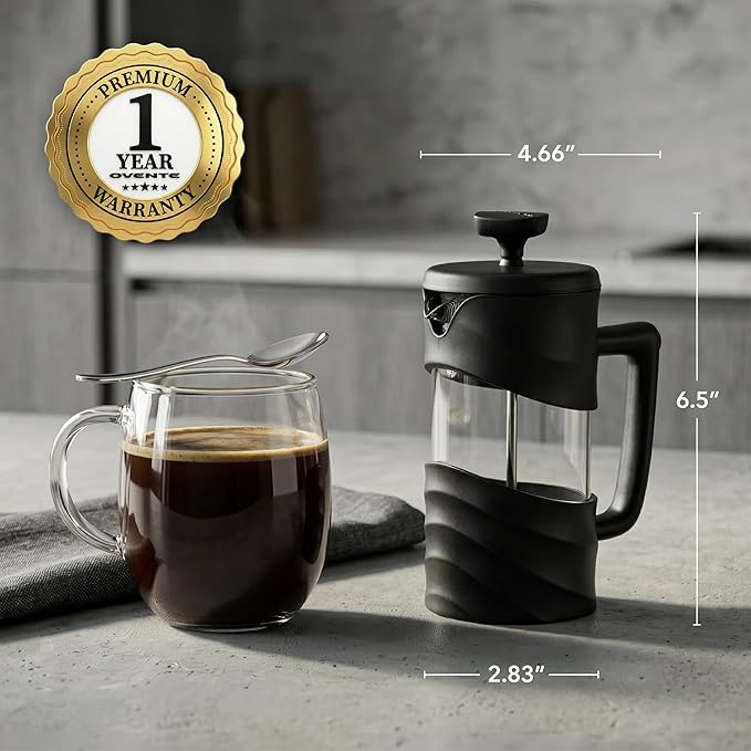 OVENTE French Press Coffee Maker 12 Ounce with Heat Resistant Borosilicate Glass & Stainless Steel 4-Level Filtration System, Portable Cold Brew Coffee Maker for Travel, Camping or Gift, Black FPW12B