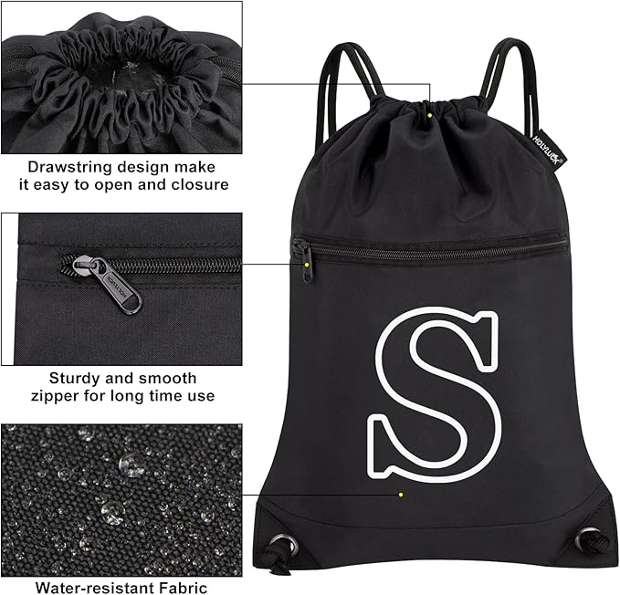 HOLYLUCK Drawstring Bags Initial Backpack Sackpack Cinch Bags for Sports, Gym, Travel, Beach (Black-S)