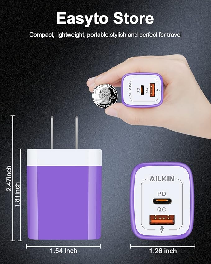 USB C Wall Charger, AILKIN 3Pcs 20W PD + QC3.0 USBC Charger Block Super Fast Power Output Rapid Charging Box Wall Plug Cube for Apple iPhone, Samsung Galaxy, Motorola, LG, Google Pixel - Purple