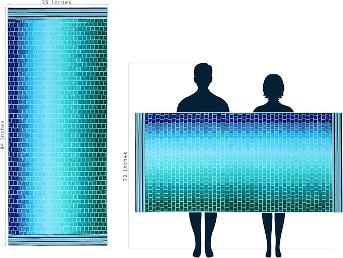 COTTON CRAFT Oversized Beach Towels - 2 Pack XXL 35x84 - The Big Kahuna 7 Foot Extra Large Beach Blanket Towel - Big & Tall - 100% Cotton Jacquard Velour Soft Luxury Towel - Pool Bath - Blue Tiles