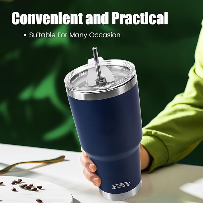 D·S 30 oz Navy Tumbler Stainless Steel Double Wall Vacuum Insulated Mug with Straw and Lid, Cleaning Brush for Cold and Hot Beverages