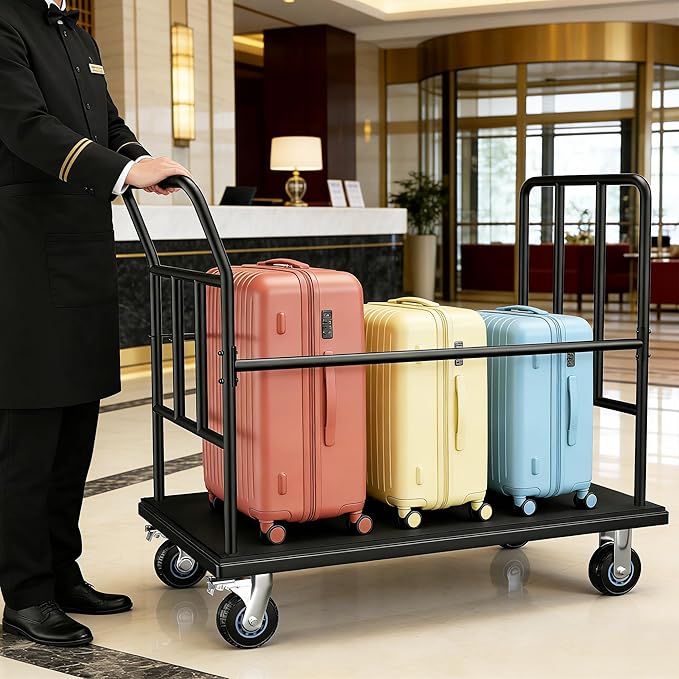 Luggage Cart,Heavy-Duty Steel Luggage Trolley with Wheels,850LB Load Hand Truck,Reinforced Frame for Hotel Bellman,Airport & Hospitality Use,Smooth-Rolling Platform Dolly