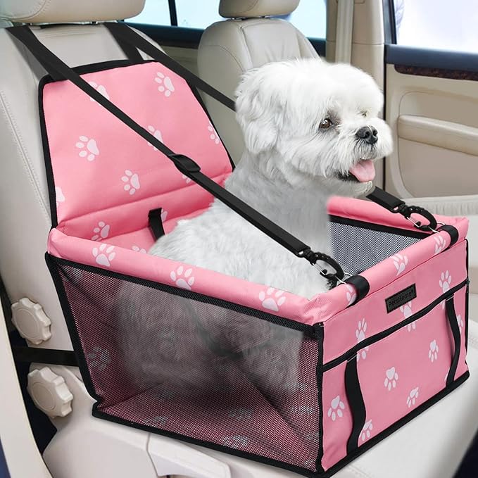 Dog Car Seat Foldable Dog Car Booster Seat Waterproof Breathable Oxford Travel Bag for Small to Medium Dogs, Puppies, and Pets-Footprint Pink