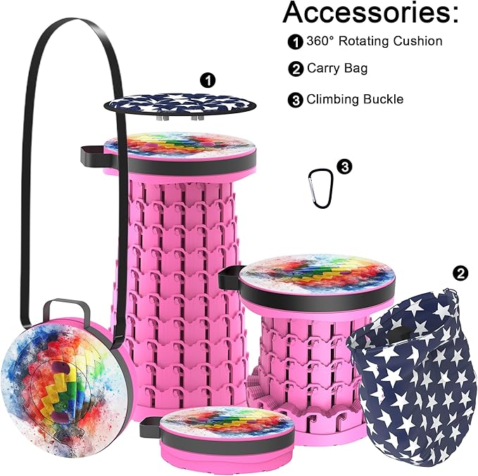 ALEVMOOM Upgraded Telescoping Collapsible Stool with Cushion, Folding Stool with Printing Portable Retractable Foldable Seat Max Load 600lbs for Adults Camping Fishing Outdoor