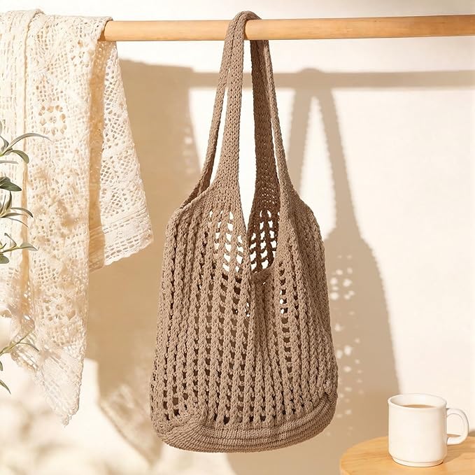 Tavaleu Crochet Tote Beach Bags for Women, Mesh Beach Tote Knit Bag, Summer Vacation Aesthetic Boho Hobo Shoulder Bag