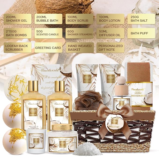 Mother's Day Gifts Basket for Women, 15pcs Vanilla Coconut Bath Set with Shower Gel, Bubble Bath, Diffuser Oil, Scented Candle, Skin Care Kit Birthday Gift for Women