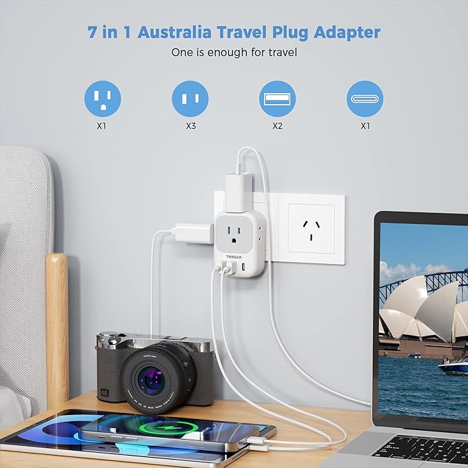 Australia Plug Adapter, TESSAN New Zealand Power Adapter with 4 Outlets 3 USB Charging Ports (1 USB C PD 20W), Type I Travel Plug for US to New Zealand China Argentina Fiji AU, 2 Pack