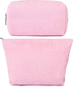 SOIDRAM 2 Pieces Makeup Bag Large Corduroy Cosmetic Bag Capacity Canvas Mix Travel Toiletry Bag Organizer Cute Makeup Brushes Aesthetic Accessories Storage Bag for Women,Corduroy Mix Hot Pink