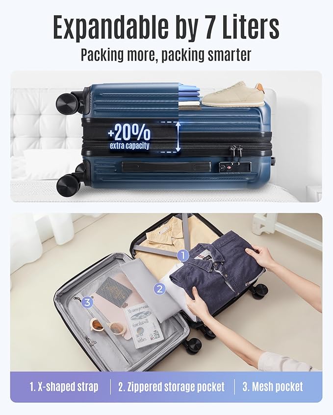 LIGHT FLIGHT Carry On Luggage 22x14x9 Airline Approved, Durable Hard Shell Carry On Suitcases with Wheels, Expandable Hardside Lightweight Travel Luggage with TSA Lock, Royal Blue
