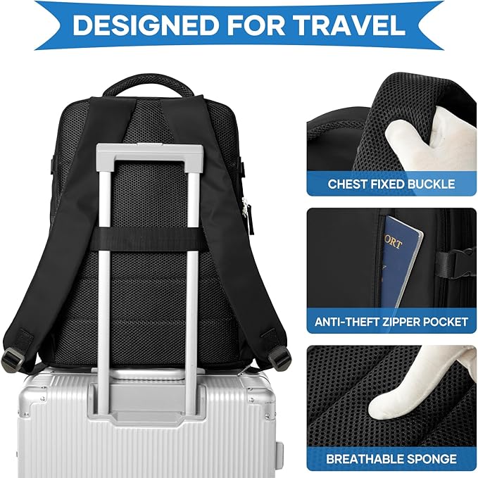 Large Travel Backpack Women Carry On Hiking Backpack Waterproof Outdoor Sports Casual Daypack Personal item Travel Bag Airplane Essentials Spirit Airline Flight Approved Shoes Compartment Men,Black