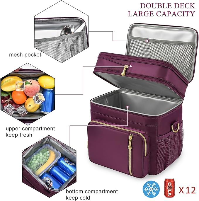 MIYCOO Lunch Bag & Lunch Box for Women Men, Double Deck Leakproof Insulated Soft Large Adult Camping Cooler bag for Work, Beach, Picnic, Travel (Purple, 15L)