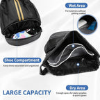 JELUTAR Drawstring Backpack Gym Bag with Shoes Compartment for Soccer, Basketball, Swim, Water-Resistant String Backpack Beach Cinch for Women Men, Black Gold
