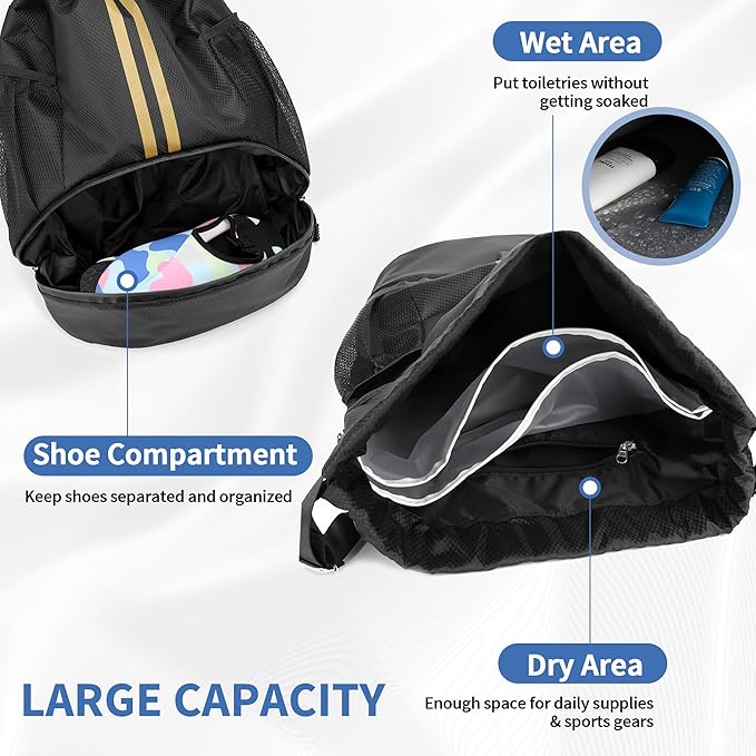 JELUTAR Drawstring Backpack Gym Bag with Shoes Compartment for Soccer, Basketball, Swim, Water-Resistant String Backpack Beach Cinch for Women Men, Black Gold