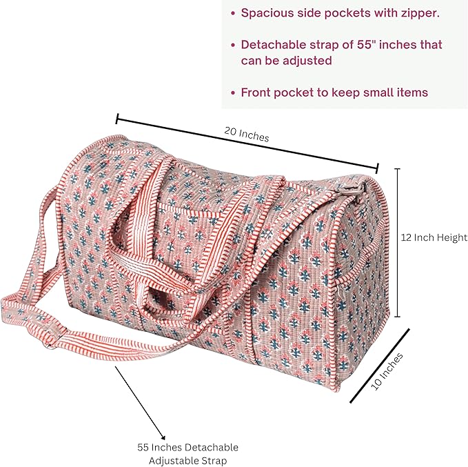 ATOSII Handblock Print 100% Cotton Large Quilted Duffle Bag for Overnight Trip, Travel Weekend Bag, Luggage, 2 Pockets with Zipper, 1 Front Pocket, Detachable Long Strap, 20 X 10 X 12 Inches, Pebble
