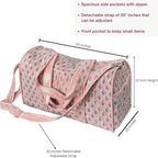 ATOSII Handblock Print 100% Cotton Large Quilted Duffle Bag for Overnight Trip, Travel Weekend Bag, Luggage, 2 Pockets with Zipper, 1 Front Pocket, Detachable Long Strap, 20 X 10 X 12 Inches, Pebble
