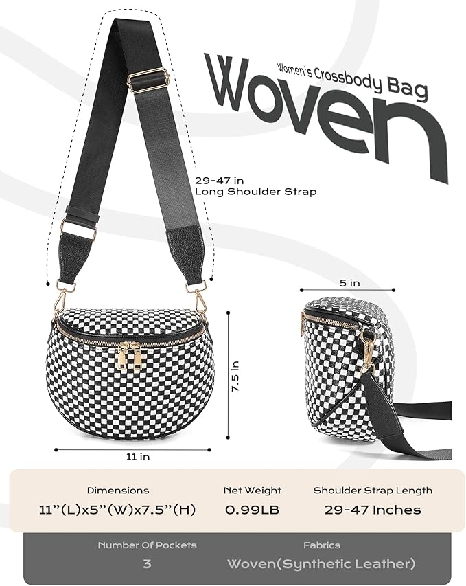 Trendy Woven Checkered Crossbody Bum Bag for Women，PU Leather Checkered Purse Fanny Packs Belt Bag (Woven Bum Bag - Black)