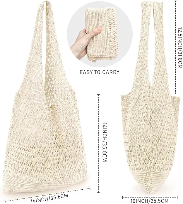 Boho Crochet Beach Tote Shoulder Bag with Colored Beads | Colorful Aesthetic Hippie Knit Bag for Women