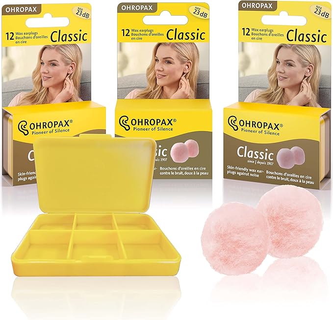 Ohropax Reusable Cotton/Wax Ear Plugs - Ear Plug for Noise Reduction, Studying, & Snoring, Hearing Protection, For Sensitive Ears, Personalized Fit w/ Convenient Yellow Pocket Sized Case, 36 Plugs