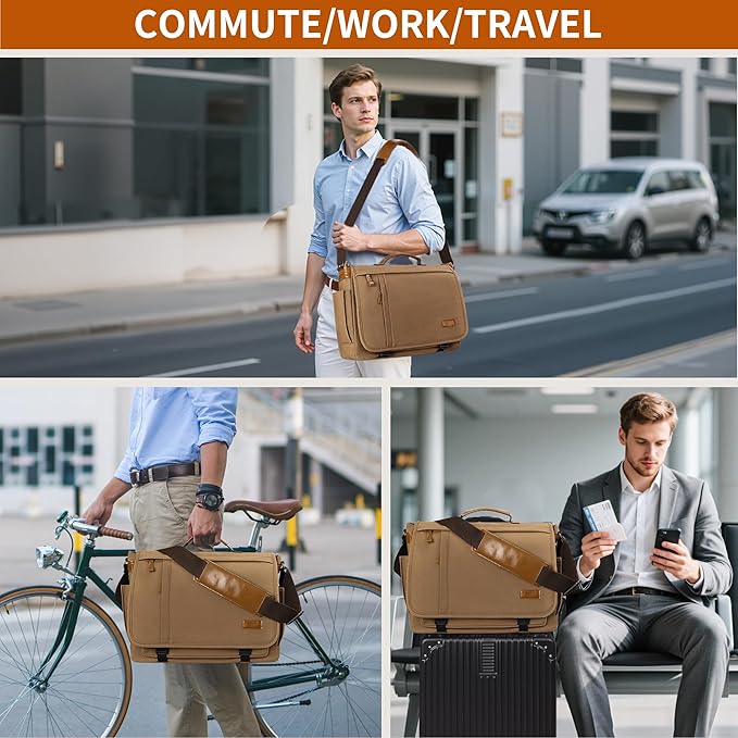 ESTARER Messenger Bag 17-17.3 Inch, Men's Computer Bag Water-resistant Canvas, Laptop Shoulder Bag for Travel Work College, Brown