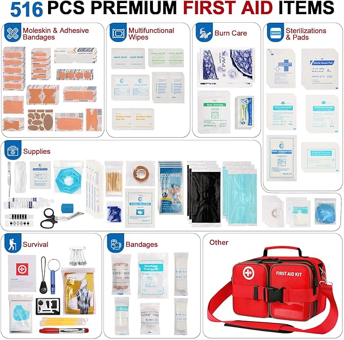 Premium 516 Piece First Aid Kit for Car, FSA Eligible HSA Store Waterproof Compact Labeled First Aid Bag with Molle Shoulder Strap, Emergency Kit for Home, Travel, Hiking, Camping, Survival
