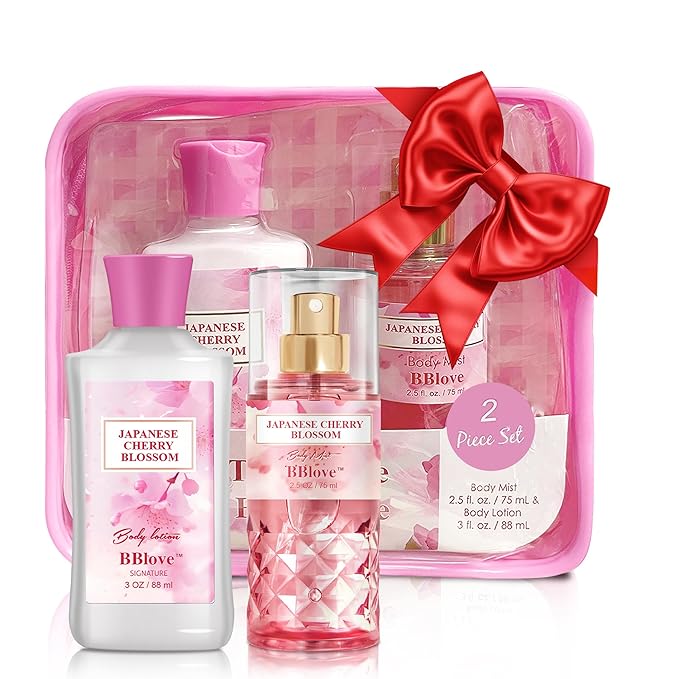 Bath and Body Gift Set for Women and Girls, 2PC Travel Size Self Care Spa Kit with Body Lotion and Body Mist Spray, Japanese Cherry Blossom Floral Scent, Gift for Teens Mom Bride Friends