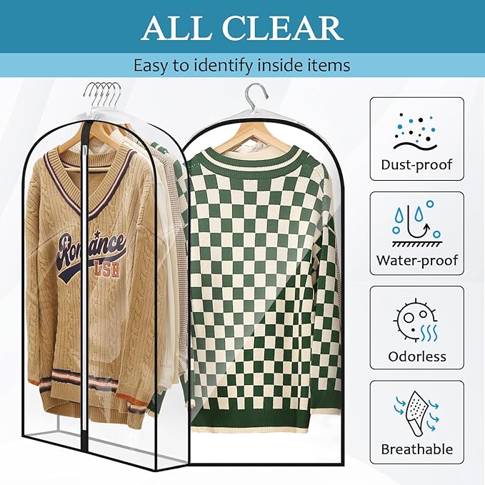 40" All Clear Garment Bags for Hanging Clothes, 4" Gusseted Suit Bags for Closet Storage, Plastic Garment Covers with Zipper for Coats, Jackets, Shirts, 4 Packs