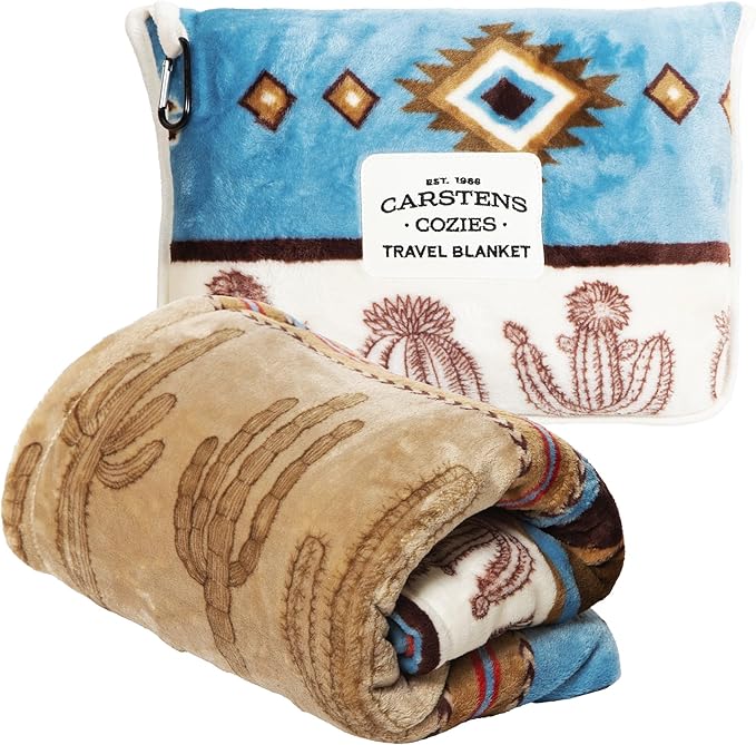 CARSTENS, INC. Travel Blanket, Premium Compact 2-in-1 Airplane Blanket/Pillow, Cactus Stripe