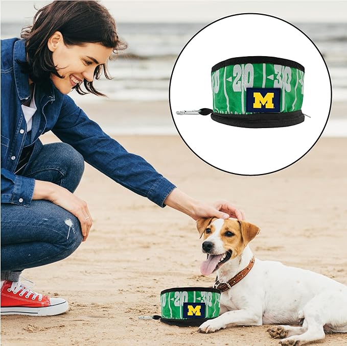 NCAA Michigan Wolverines Collapsible Dog Travel Bowl, Food and Water Bowl for Dogs & Cats. Best Portable & Lightweight Leak-Proof Pet Bowl for Travel with Football Field & Pebble-Grain Design.