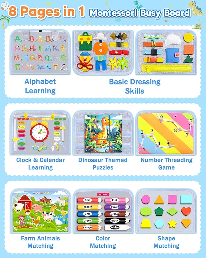 Gojmzo Busy Board Montessori Toys for Toddler Boy Girl Birthday Gifts, Busy Book Sensory Toys for Toddlers, Learning Educational Toddler Travel Activities