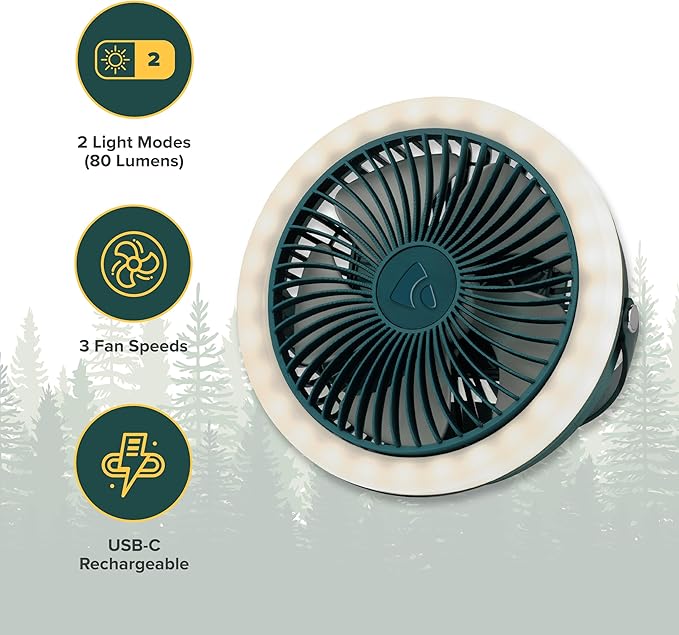 Coghlan's Portable Camping Fan with LED Light – Battery-Powered, Compact Design, Quiet Operation, USB Rechargeable for Tents, Outdoor Adventures, Emergency Use, and Travel