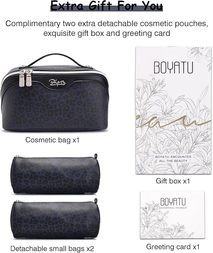 BOYATU Travel Makeup Bags Cosmetic Organizer Bag: 3 Pcs Set Large Capacity Make up Bag with Compartments - Waterproof Leather Toiletry Bags with Handle for Women (B-Blue)