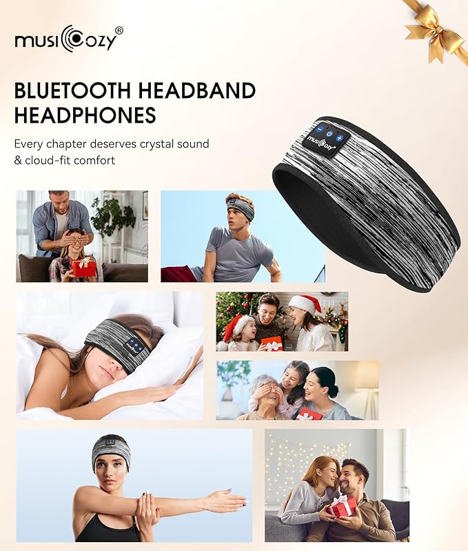 MUSICOZY Sleep Headphones Bluetooth 5.4 Headband, Wireless Earphones Music Sleep Earbuds Sleeping Eye Mask with HD Stereo Speakers for Workout Running Travel Yoga, Ideal Gifts (Stripped Gray)