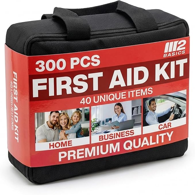 M2 BASICS 300 Piece First Aid Kit, 40 Items, Compact Emergency Medical Kit with Durable Carry Bag for Home, Car, Travel, Office, Camping