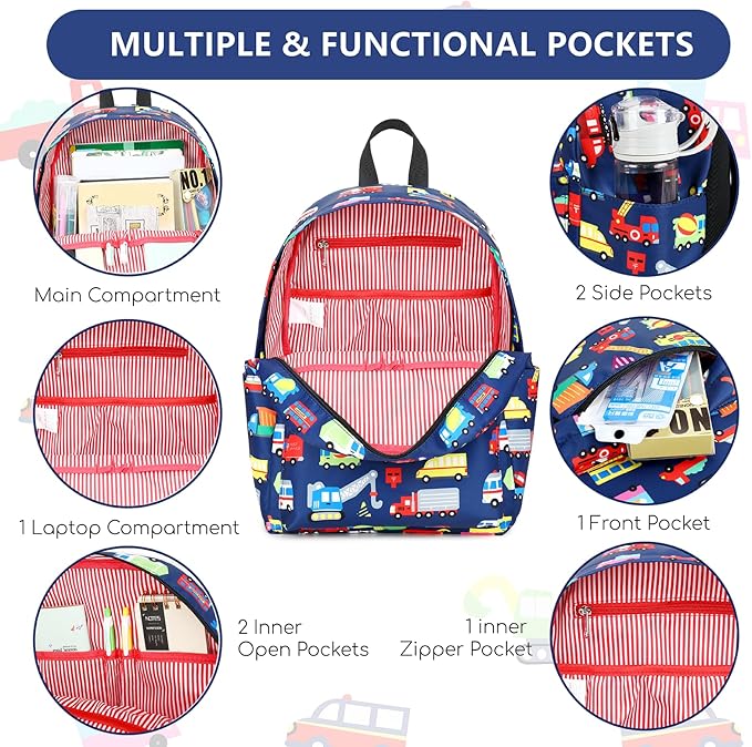 CAMTOP Preschool Backpack for Kids Boys Girls Toddler Backpack Kindergarten School Bookbags for Age 3-8 (Navy Vehicle)