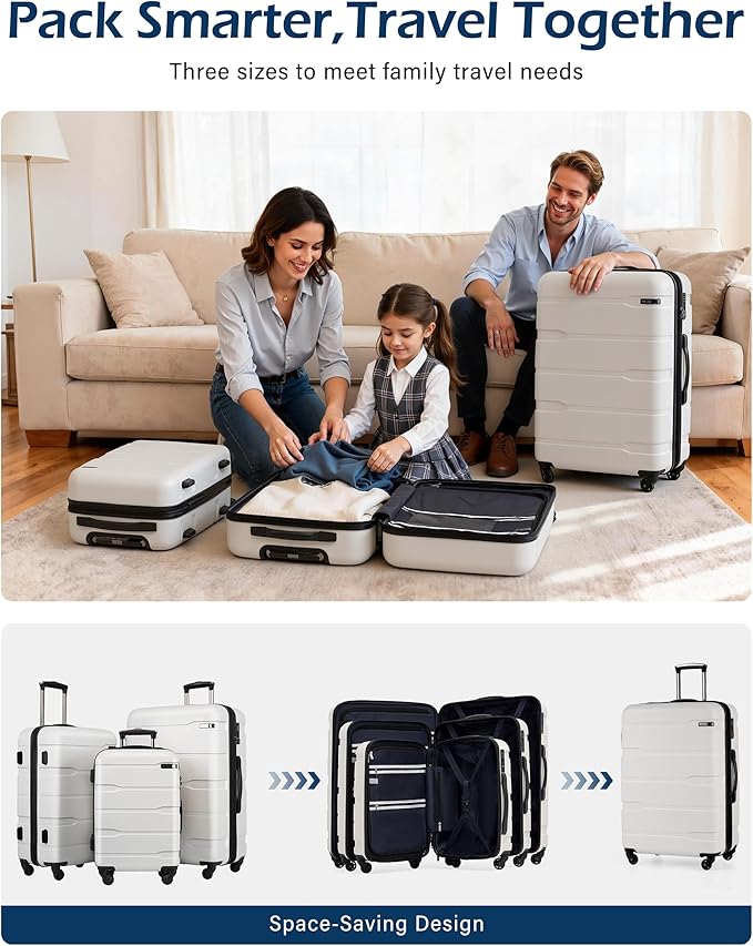 Coolife Medium Checked Luggage Hardside PC+ABS Suitcase with TSA Lock, Lightweight Rolling Carry On with Spinner Wheels(White, 24in)