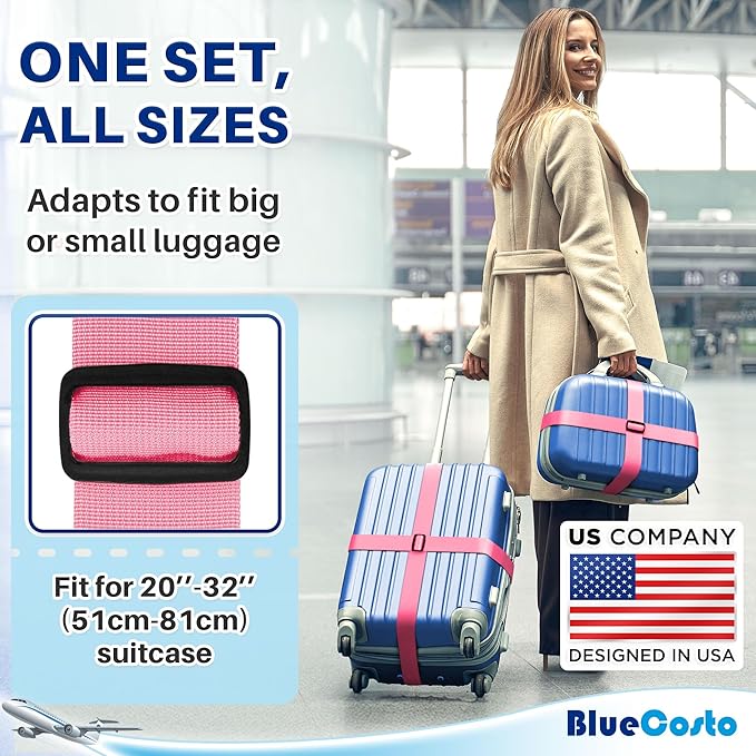 Luggage Straps for Suitcases - TSA Approved - Pink, 4 PK - Premium Nylon Belts for Suitcase, Briefcase & Travel Bag - Adjustable Strap Length 46" - 78"