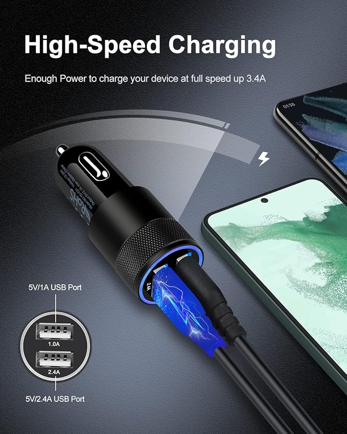 Car Charger, [2Pack/3.4a] Fast Charge Dual Port USB Cargador Carro Lighter Adapter for iPhone 15 14 13 12 11 Pro Max X XR XS 17 Plus 16, iPad, Samsung Galaxy S23 S22 S21 S25 Plus S7 j7 S10e S9 Note 8