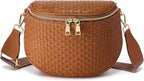 Trendy Woven Checkered Crossbody Bum Bag for Women，PU Leather Checkered Purse Fanny Packs Belt Bag (Woven Bum Bag - Pure Brown)