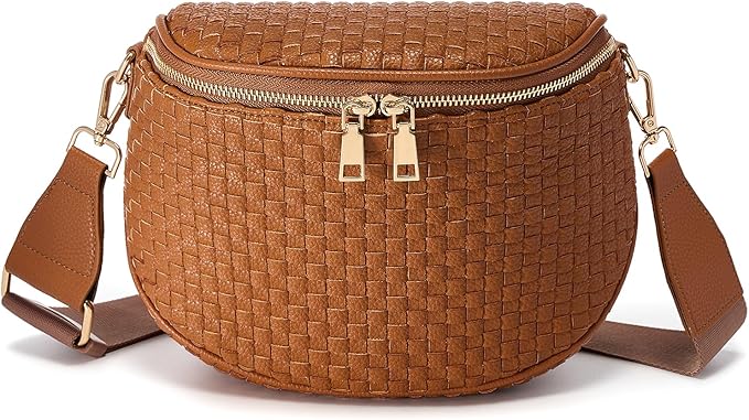Trendy Woven Checkered Crossbody Bum Bag for Women，PU Leather Checkered Purse Fanny Packs Belt Bag (Woven Bum Bag - Pure Brown)