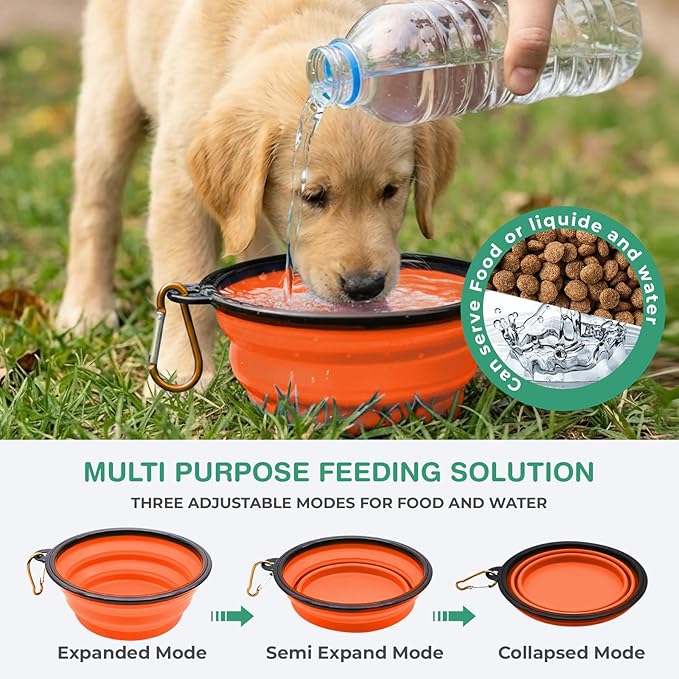 Collapsible Dog Bowls for Travel, Portable Dog Water Bowl & Food Bowl for Dogs and Cats, Foldable Pet Feeding Dish for Walking Hiking Camping with Carabiner, BPA Free, Orange
