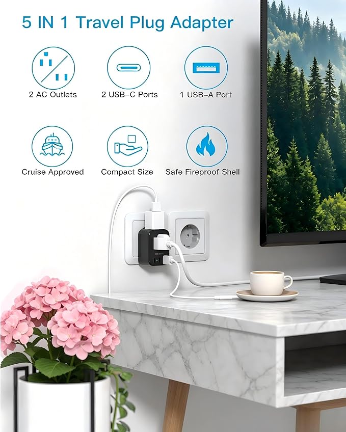 Type E/F Europe Travel Plug Adapter, HANYCONY US to Germany France Spain South Korea Iceland, 5-in-1 European Power Adapter for Greece Norway Russia Portugal & More, 2 Outlets 3 USB Ports(2 USB C)