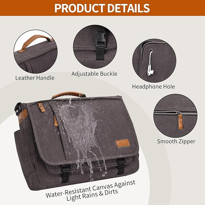 ESTARER Computer Messenger Bag 15-15.6 inch, Laptop Work Bag Briefcase for Bussiness/College/Travel, Water-resistant Canvas Shoulder Satchel, Grey