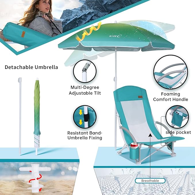 Nice C Beach Chair, Sand Chair, Lake Chairs for Adults with Umbrella and Cooler, Low Beach Chairs High Back, Cup Holder & Carry Bag & Heavy Duty Compact Outdoor, Camping (Set of 2 Blue)