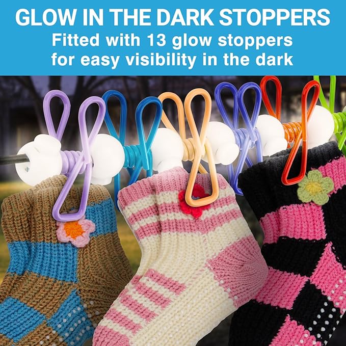 Retractable Travel Clothesline - Glow in the Dark Portable Clothes Line - 12ft/4m Camping Clotheslines for Outside, Hotel Room or Cruise - Laundry Line, Clothes Drying Line, Clothing Line Outdoor