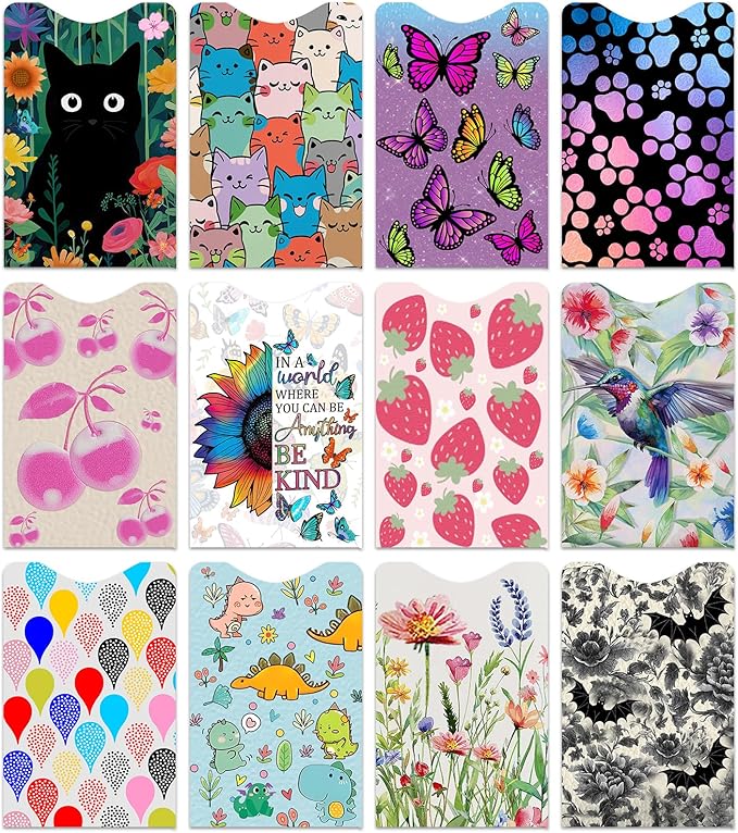 12 PCS RFID Blocking Sleeves, Credit Card Holder for Women Men Protect Cards Identity from Electronic Theft Travel Case Set (Black Cat Flower)